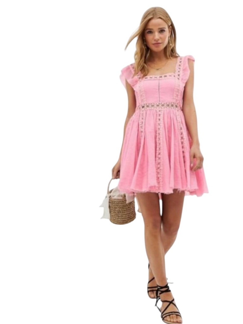 Free People FP One Verona Mini Dress Medium Pink Cotton Crochet Boho